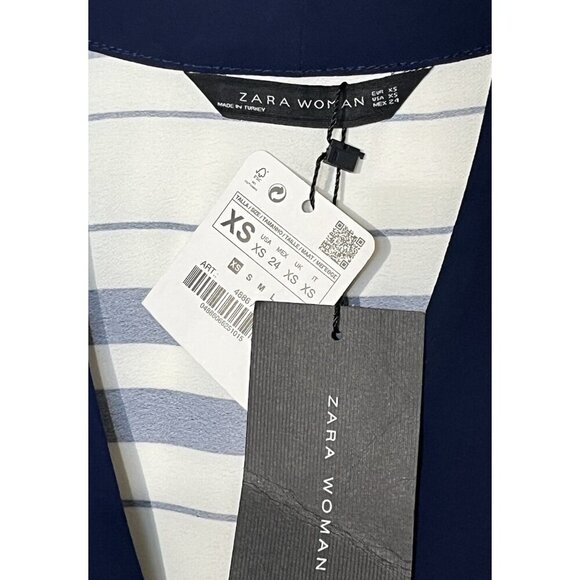 New ZARA White & Navy Blue Stripes High Low V-Neck Tunic Top - Picture 8 of 10